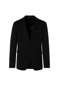 Schwarzer Blazer mit Reverskragen, einem ein Knopf-Verschluss, zwei vorderen Taschen und einer Brusttasche. Glatte Textur und taillierte Passform.
