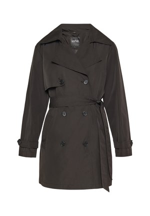 Dwurzędowy trencz w ciemnym brązie, wyposażony w pasek, duży kołnierz i zapinane mankiety. Wykonany z gładkiego, lekkiego materiału.