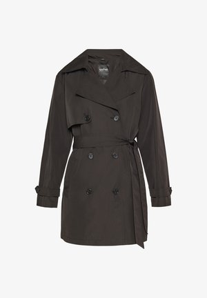 Doppeltknopfmantel in Dunkelbraun, ausgestattet mit einem Gürtel, großem Kragen und knöpfbaren Manschetten. Hergestellt aus glattem, leichtem Stoff.