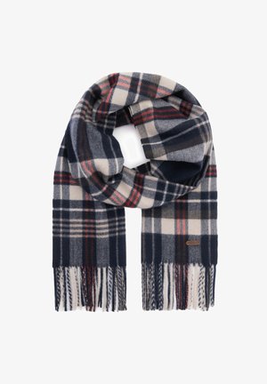 Randig scarf gjort av mjukt tyg, i marinblått, krämfärgat och rött. Avslutad med fransade ändar och en liten varumärkesetikett.