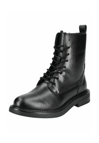 Black leather ankle boot with a round toe, front lacing, and a stitched sole. Features a small pull tab at the back for easier wear.