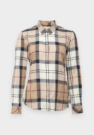 Collared long-sleeve shirt with a beige, cream, and navy plaid pattern. Features button closure and textured fabric with varied squares.