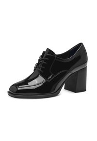 Scarpe in pelle verniciata nera con punta arrotondata, design con lacci e tacco largo. Presentano dettagli di cucitura lungo il davanti.