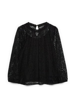 Zwarte kanten blouse met lange mouwen, ronde halslijn, knoopsluiting met oogje aan de achterkant en een semi-transparant bloemenpatroon over het hele kledingstuk.