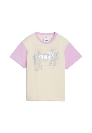 Kortærmet cremefarvet T-shirt med pink ærmer og krave, med lyseblå tegneseriefigurer, blomster og Puma-logo foran.