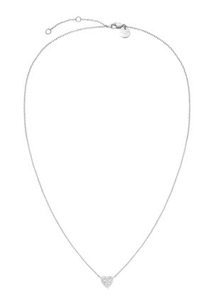 Delicate silver chain necklace with a small heart-shaped pendant encrusted with sparkling stones, featuring a lobster clasp and adjustable links.