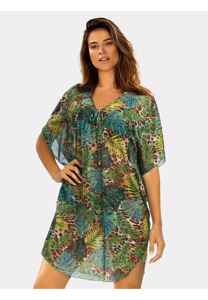 Przezroczysty płaszcz z dekoltem w serek, zdobiony wzorem w zielone i brązowe liście oraz wzór w zwierzęta. Lekka tkanina z krótkimi rękawami typu batwing.