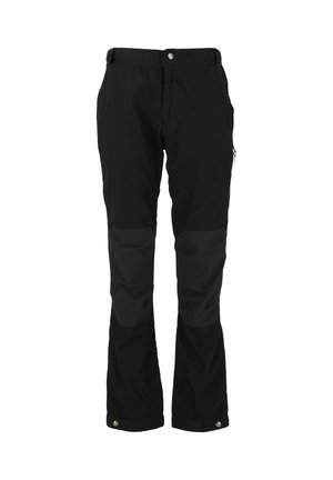 Black outdoor pants with reinforced dark gray knee patches, front button closure, belt loops, and adjustable snap cuffs.