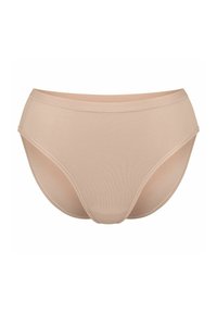 Beige Baumwoll-Slip mit glatter Textur, elastischem Bund, moderater Bedeckung und nahtlosen Seiten für Komfort und Stil.