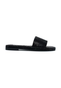 Sandalino nero con una fascia spessa e liscia decorata con glitter scintillanti, suola piatta con minimal battistrada e design semplice.