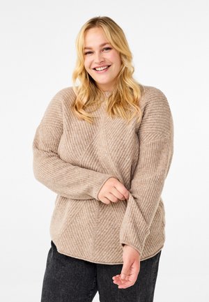 Maglione beige lavorato a maglia con un motivo a diamante testurizzato, scollatura rotonda e maniche lunghe. Materiale caldo e morbido con una vestibilità rilassata.