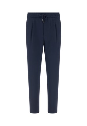 Granatowe zwężane spodnie z elastycznym paskiem i sznurkiem, plisami z przodu oraz luźnym krojem.