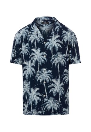 Chemise bleu marine à manches courtes avec boutons, motif de palmiers blancs et col ouvert.