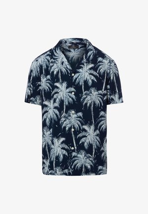 Camicia blu navy a maniche corte con bottoni, motivo a palme bianche e collo aperto.