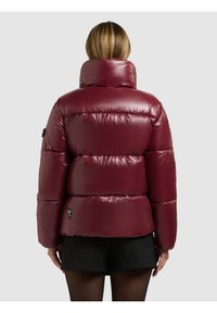 Bordeauxrode donzen jas met een hoge kraag, glanzende textuur, horizontaal doorgestikt patroon en zwart logodetail bij de zoom.