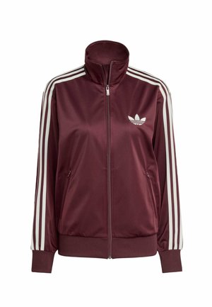 Burgundy satin jacket with high collar, white side stripes, zippered front, and two side pockets; features a small white logo on the chest.