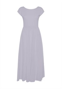 Rochie maxi de lavandă deschisă, cu mâneci scurte tip căpăcel, un corset ajustat și o fustă fluidă. Fabricată dintr-un material moale și ușor.