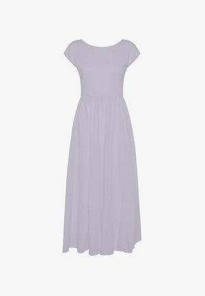 Vaaleanlaventelin pitkä mekko, jossa on lyhyet hihanmyötäiset hihat, istuva yläosa ja laskostettu helma. Valmistettu pehmeästä, kevyestä kankaasta.