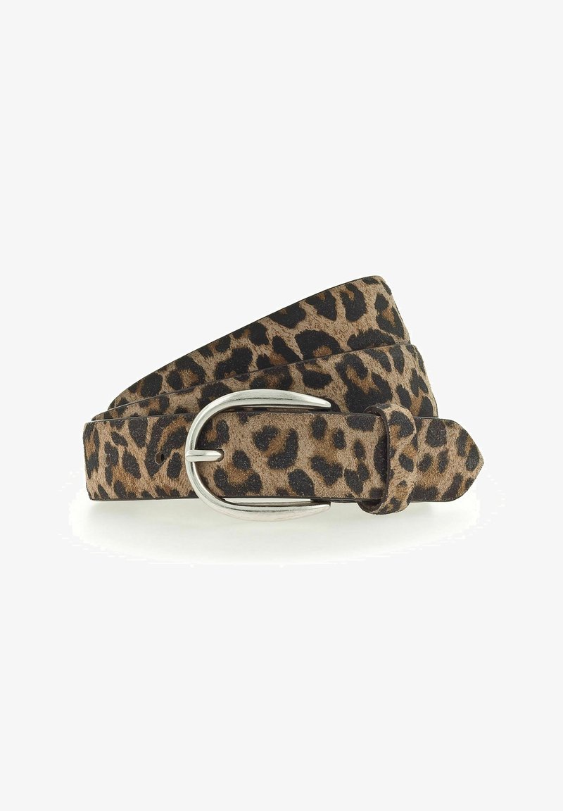 Ceinture imprimé léopard avec boucle ovale argentée, roulée sur un fond blanc.