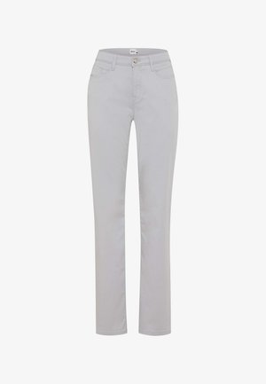 Pantaloni grigio chiaro a gamba dritta con passanti per cintura, chiusura frontale con bottoni e design a cinque tasche.