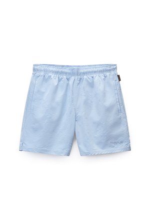 Lichtblauwe zwembroek met een elastische tailleband, textuurstof en zijzakken; heeft een klein logo aan de onderzijde rechts.