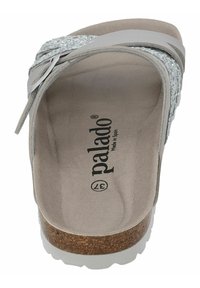 Infradito grigio con cinturino testurizzato, plantare in sughero e suola leggera bianca. Presenta il logo "palado" e un rivestimento interno liscio.