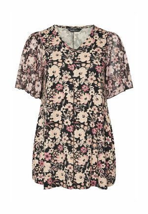 Schwarze Bluse mit Blumenmuster in Pink und Beige, transparente, flatternde Ärmel und V-Ausschnittkragen, locker geschnitten.