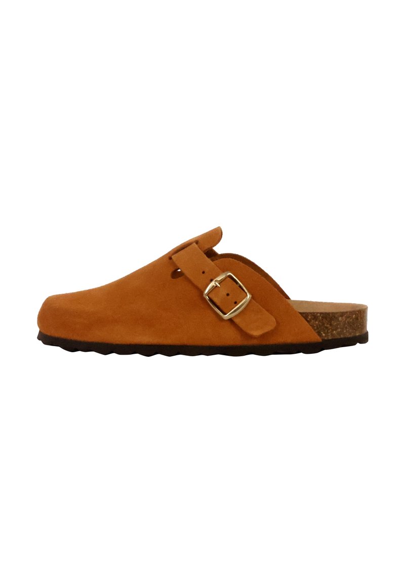 Suede slip-on sandal in orange-brown with an adjustable buckle strap and cork footbed, featuring a textured rubber outsole for grip.