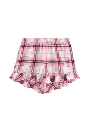 Lyserøde og hvide ternede bomuldsshorts med elastisk talje og flæsekant, designet til afslappet brug eller som nattøj.