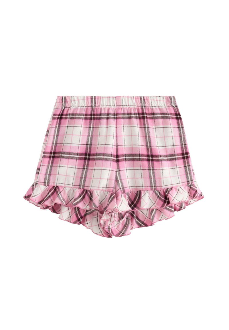 Rosa och vit rutiga bomullsshorts med elastiskt midjeband och volangkant, designade för vardagsbruk eller nattkläder.