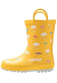 Żółte gumowe kalosze z wzorem kolorowych parasoli i chmur, o gładkiej teksturze i dwóch uchwytach na górze, ułatwiających zakładanie.