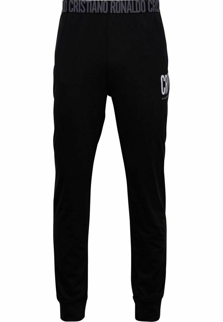 Pantalones deportivos negros de material suave, con una cinturilla elástica que lleva el texto "Cristiano Ronaldo" y un acento de logo blanco en el costado.