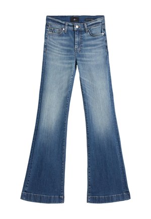 Jean en denim bleu avec taille haute, bouton et fermeture éclair à l'avant, cinq poches et jambes larges évasées.