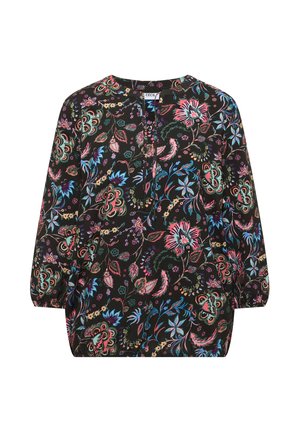 Czarna bluzka z długim rękawem i elastycznymi ściągaczami, różowo-niebieski kwiatowy wzór, okrągły dekolt z przednim rozcięciem i małym zapięciem na guzik.