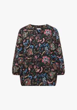 Blusa nera a maniche lunghe con polsini elastici, motivo floreale rosa e blu, scollo tondo con spacco frontale e chiusura con piccolo bottone.