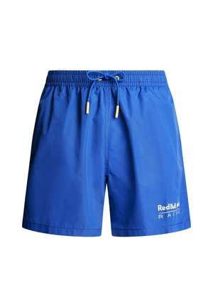 Niebieskie spodenki kąpielowe z elastycznym paskiem i sznurkiem, z logo Red Bull Racing na dolnej prawej nodze.