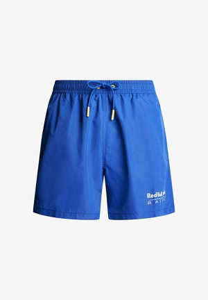 Shorts de bain bleus avec taille élastique et cordon de serrage, arborant le logo Red Bull Racing sur la jambe inférieure droite.
