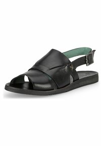 Sandalo in pelle nera con design open-toe, fasce larghe e chiusura con fibbia, dotato di una morbida fodera interna blu e suola piatta.