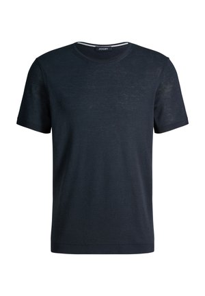 Heren T-shirt met korte mouwen in marineblauw, ronde hals, een gladde textuur en een klein merklipje aan de binnenkant van de kraag.