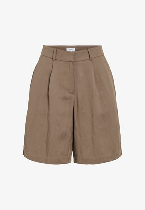 Hlače v rjavi barvi z visokim pasom, pasovi za pas, sprednjimi gubami in skritim sprednjim zapiranjem.