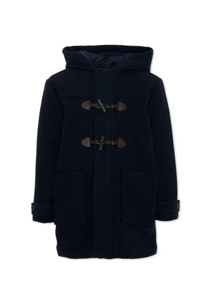 Cappotto di lana blu navy con cappuccio, due tasche frontali e chiusure con bottoni a leva sul davanti, progettato per il freddo.