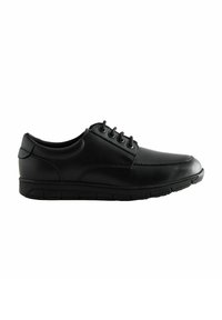 Chaussures en cuir noir avec bout rond, design à lacets et semelle en caoutchouc texturé. Présente une surface lisse et de subtils détails de couture.