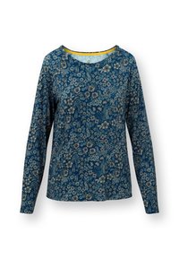 Langarmshirt van donkerblauwe stof met een bloemenpatroon in crème en lichtblauw, voorzien van een ronde halslijn en een relaxed fit.