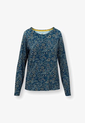 Long-sleeve shirt in dark blue fabric featuring a floral pattern in cream and light blue, with a round neckline and relaxed fit.