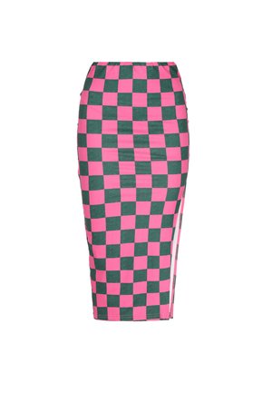 Knee-length pencil skirt made of stretchy fabric with a pink and green checkerboard pattern, featuring a high waistband for adjustable fit.