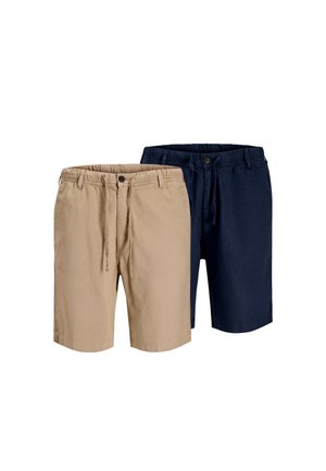 Zwei Paar Herren-Casual-Shorts, eines in Beige und eines in Marineblau, beide mit Knöpfen, Kordelzügen und Gürtelschlaufen.
