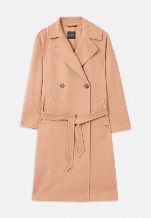 Peach-colored wool blend coat, double-breasted design, with large lapels, two front pockets, and a matching belt at the waist.