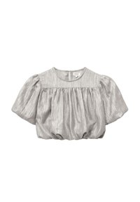 Blouse courte argentée métallique avec manches courtes bouffantes, col rond et ourlet élastiqué froncé.