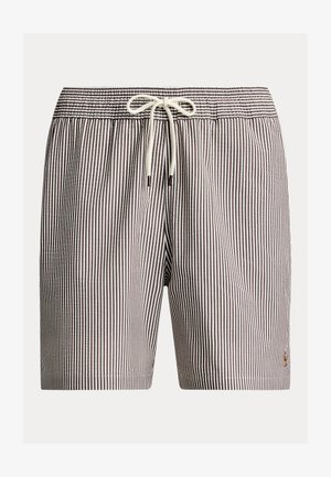 Shorts rayés verticaux marron et blanc avec taille élastique et cordon blanc à l'avant.