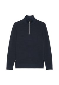 Marinblå tröja med hög krage och halvmånsdragkedja. Ribbstruktur, långa ärmar och figursydd nederkant. Slätt tyg för komfort.